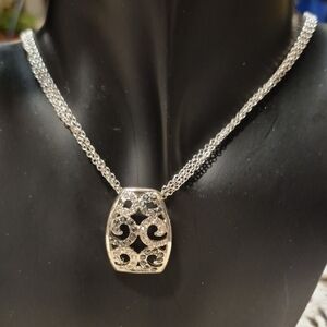 Elegant Silver Tone With Clear And Blue Rhinestones Pendant Necklace